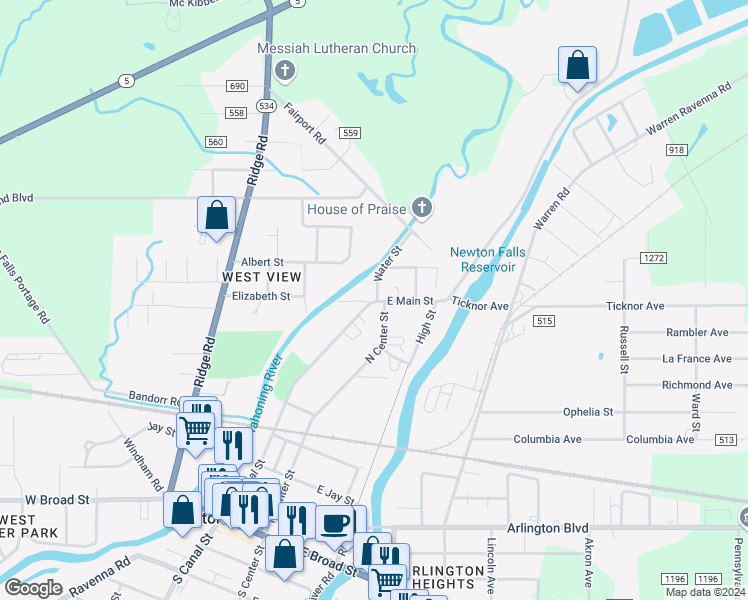map of restaurants, bars, coffee shops, grocery stores, and more near 323 Water Street in Newton Falls