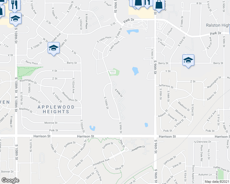 map of restaurants, bars, coffee shops, grocery stores, and more near 6135 South 97th Plaza in Omaha