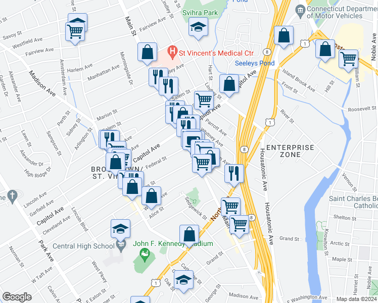 map of restaurants, bars, coffee shops, grocery stores, and more near 2395 Main Street in Bridgeport