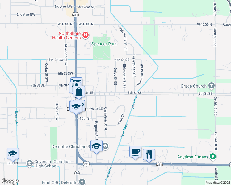 map of restaurants, bars, coffee shops, grocery stores, and more near 1218 Daisy Street Southeast in De Motte