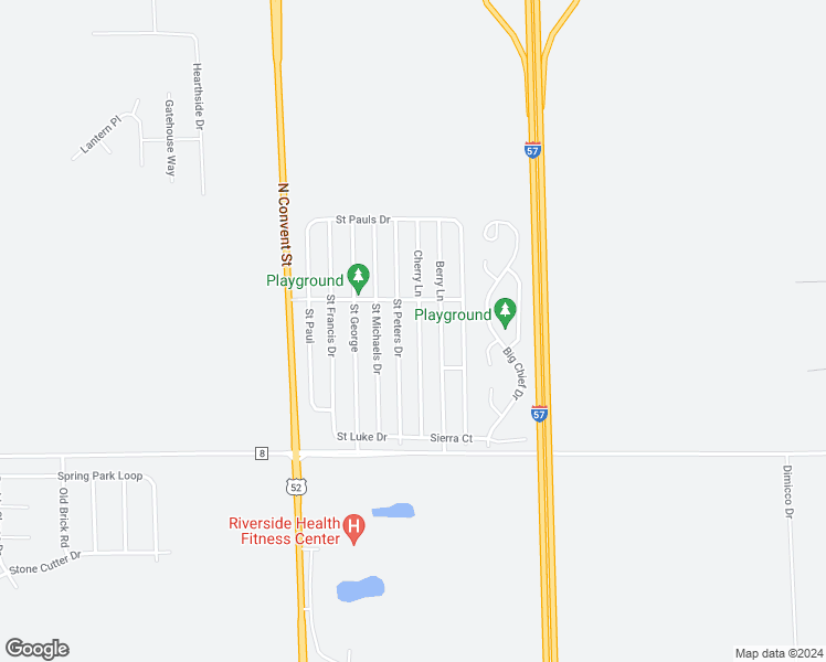 map of restaurants, bars, coffee shops, grocery stores, and more near 44 Cherry Lane in Bourbonnais