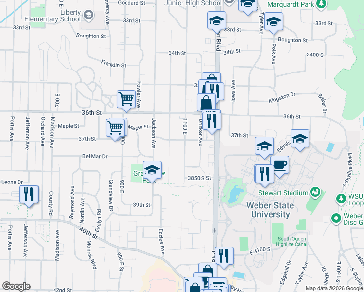 map of restaurants, bars, coffee shops, grocery stores, and more near 3715 Van Buren Avenue in Ogden