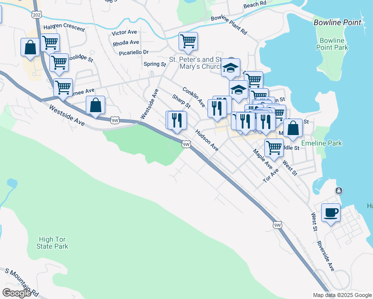 map of restaurants, bars, coffee shops, grocery stores, and more near 57 Conger Avenue in Haverstraw
