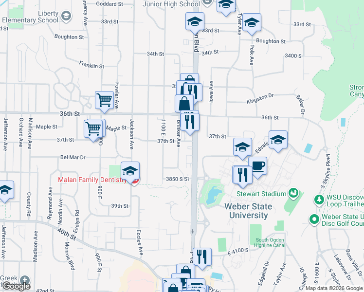 map of restaurants, bars, coffee shops, grocery stores, and more near 3679 Harrison Boulevard in Ogden