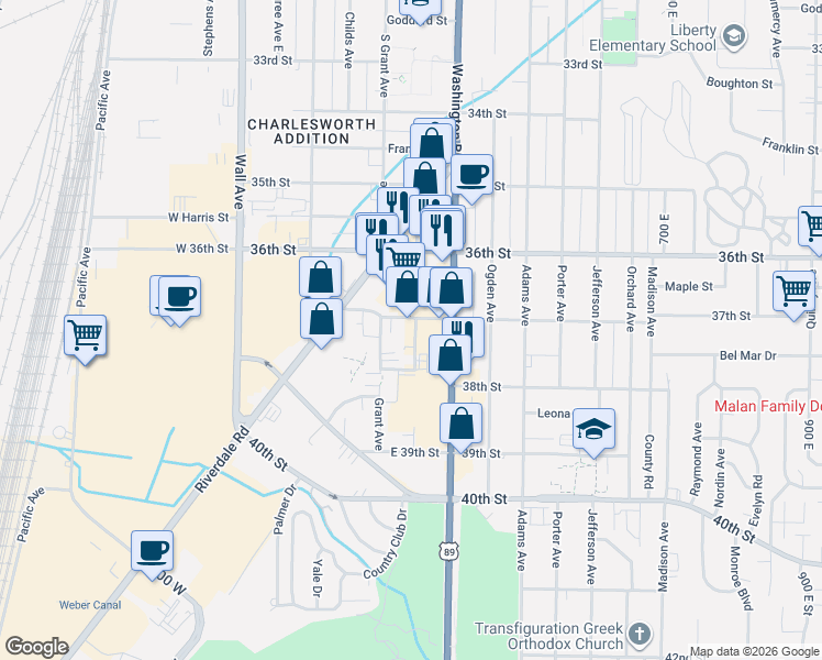 map of restaurants, bars, coffee shops, grocery stores, and more near 350 37th Street in Ogden