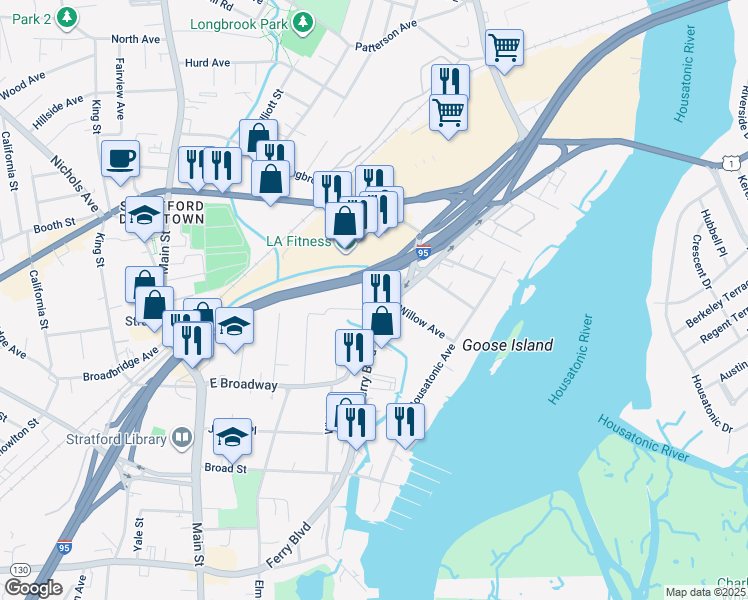 map of restaurants, bars, coffee shops, grocery stores, and more near 335 Ferry Boulevard in Stratford