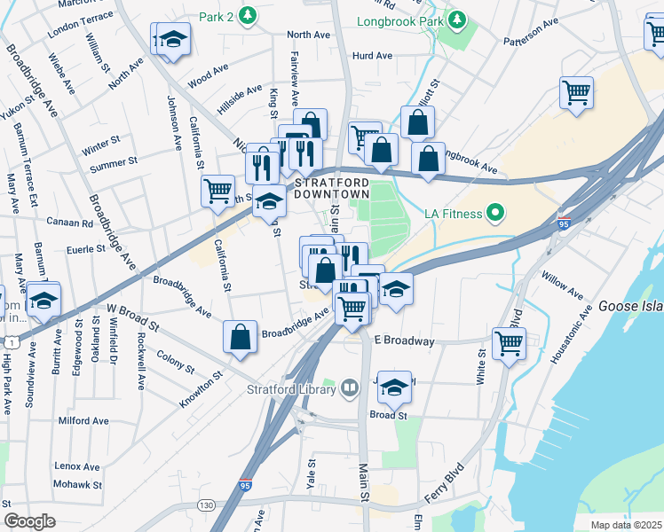 map of restaurants, bars, coffee shops, grocery stores, and more near 2611 Main Street in Stratford