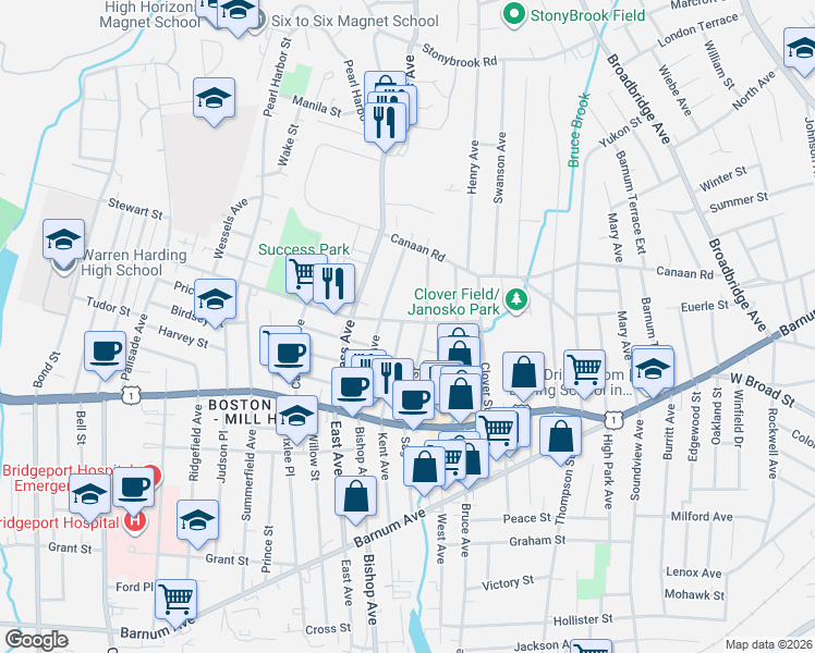map of restaurants, bars, coffee shops, grocery stores, and more near 243 Weber Street in Stratford