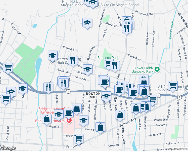 map of restaurants, bars, coffee shops, grocery stores, and more near 160 Price Street in Bridgeport