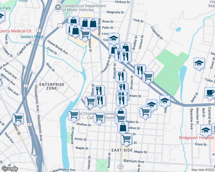 map of restaurants, bars, coffee shops, grocery stores, and more near in Bridgeport