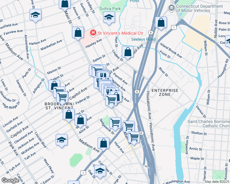 map of restaurants, bars, coffee shops, grocery stores, and more near 404 Wells Street in Bridgeport