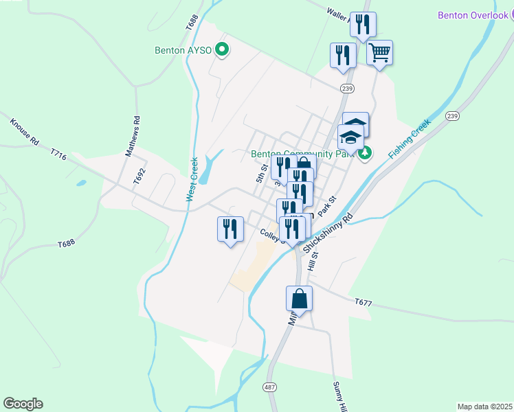 map of restaurants, bars, coffee shops, grocery stores, and more near 320 Market Street in Bloomsburg