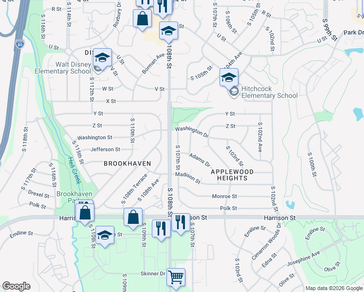 map of restaurants, bars, coffee shops, grocery stores, and more near 6218 South 107th Street in Omaha