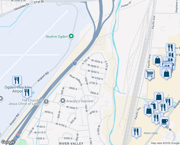 map of restaurants, bars, coffee shops, grocery stores, and more near 637 West 3650 South in Ogden