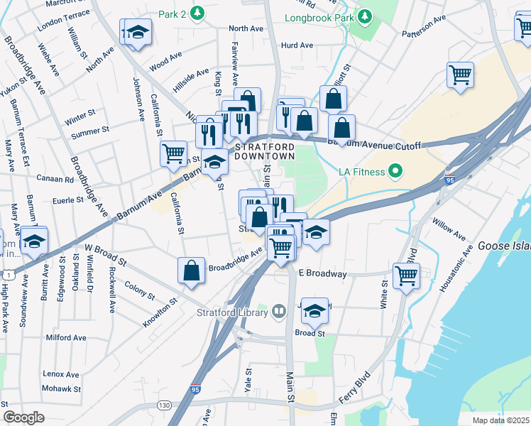 map of restaurants, bars, coffee shops, grocery stores, and more near 2590 Main Street in Stratford