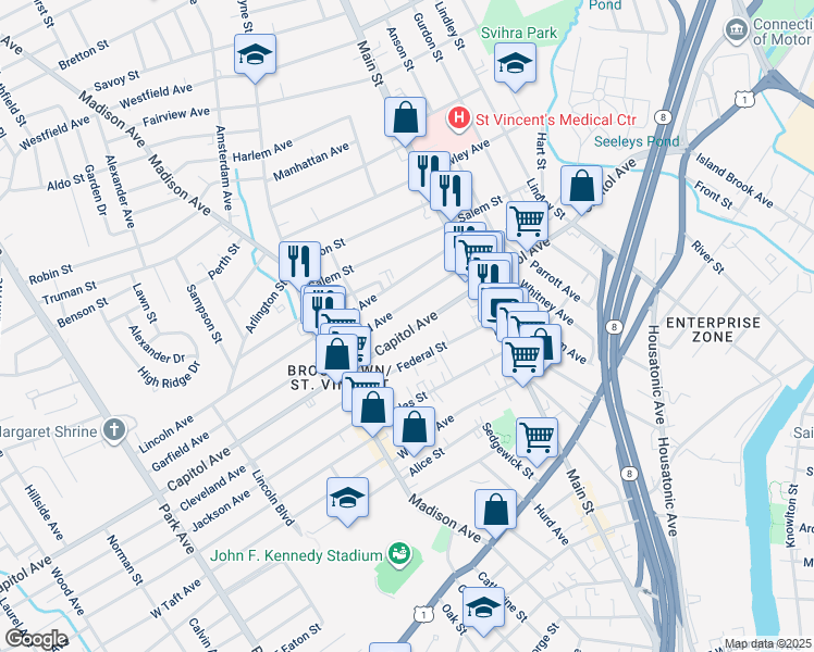 map of restaurants, bars, coffee shops, grocery stores, and more near 674 Capitol Avenue in Bridgeport