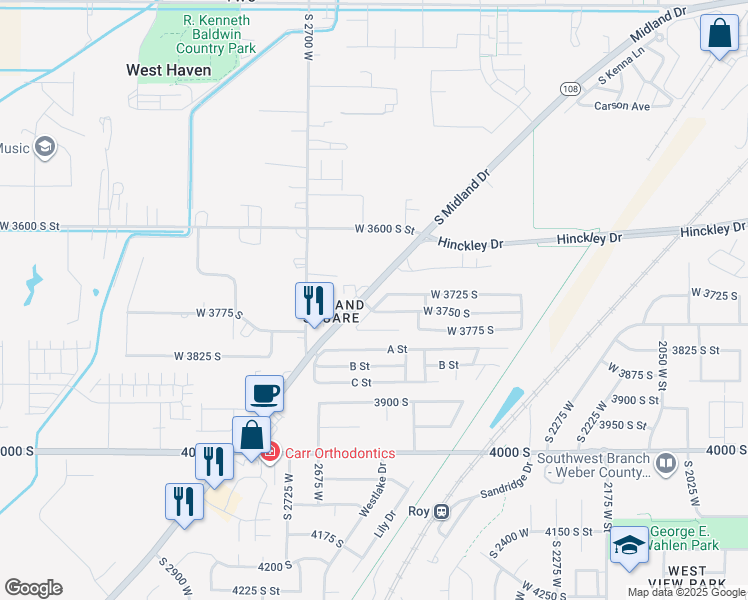 map of restaurants, bars, coffee shops, grocery stores, and more near 3750 South Midland Drive in Roy