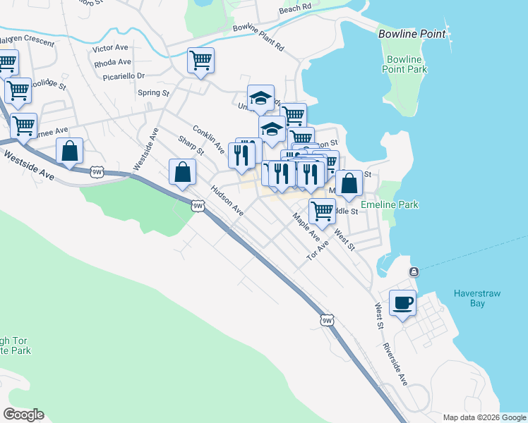 map of restaurants, bars, coffee shops, grocery stores, and more near 8 Maple Avenue in Haverstraw