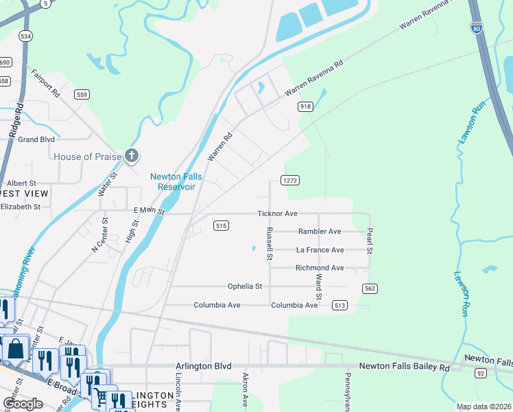 map of restaurants, bars, coffee shops, grocery stores, and more near 1 Diamond Street in Newton Falls