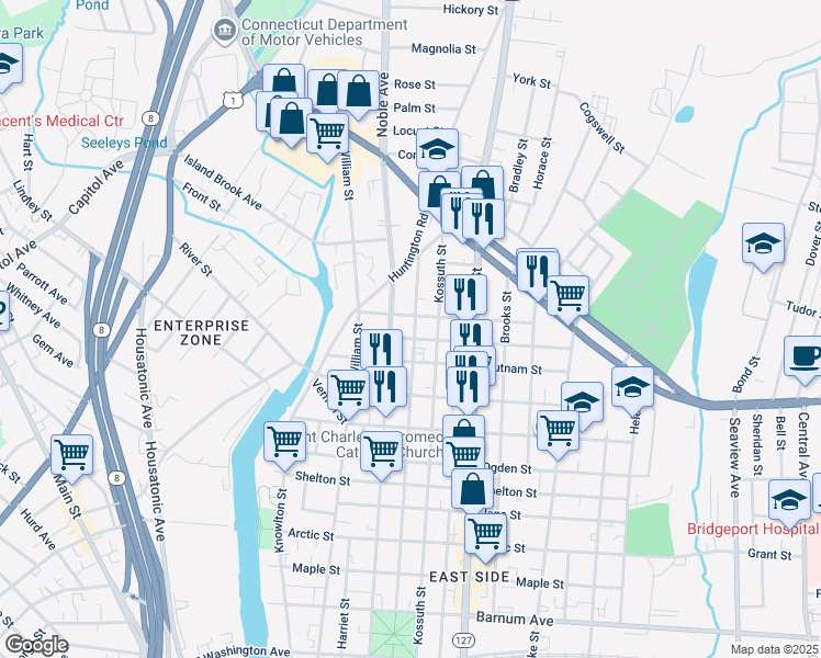 map of restaurants, bars, coffee shops, grocery stores, and more near 599 Park Street in Bridgeport