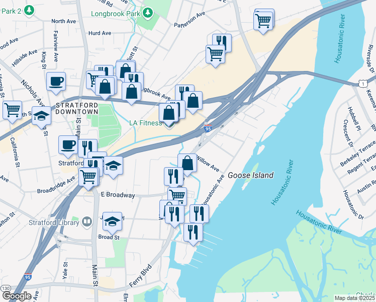 map of restaurants, bars, coffee shops, grocery stores, and more near 345 Ferry Boulevard in Stratford