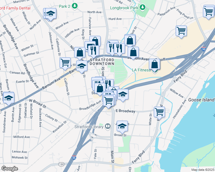 map of restaurants, bars, coffee shops, grocery stores, and more near 2590 Main Street in Stratford