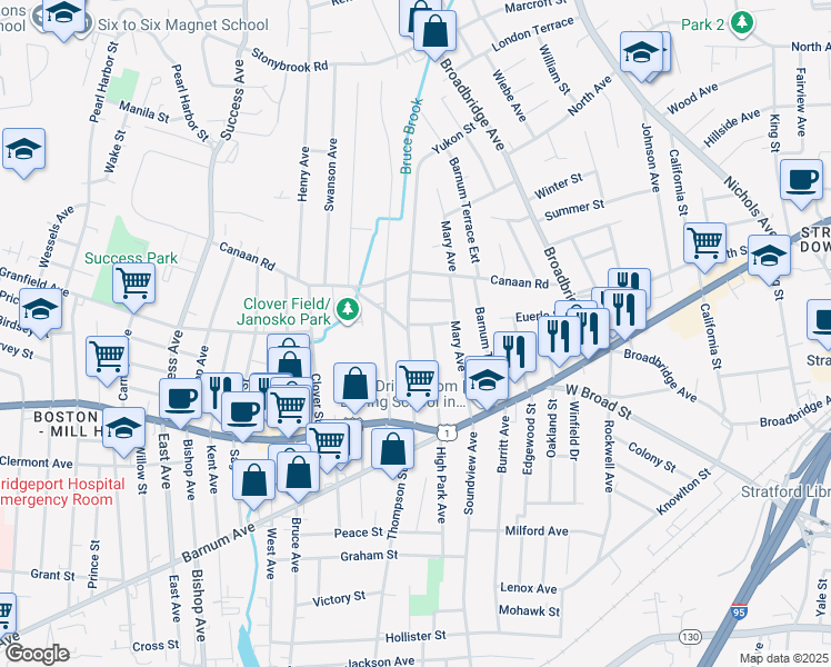 map of restaurants, bars, coffee shops, grocery stores, and more near 216 Franklin Avenue in Stratford