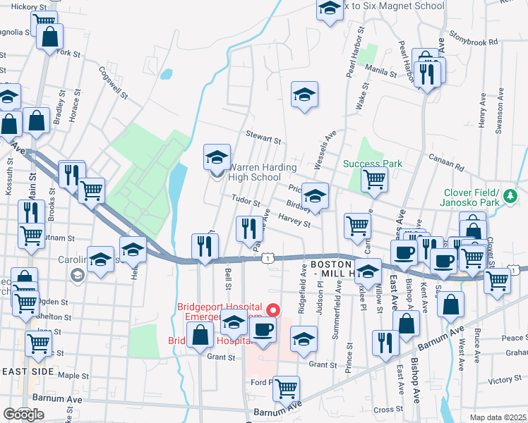 map of restaurants, bars, coffee shops, grocery stores, and more near 175 Remington Street in Bridgeport