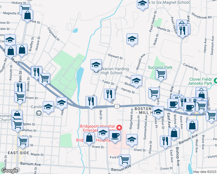 map of restaurants, bars, coffee shops, grocery stores, and more near 175 Remington Street in Bridgeport