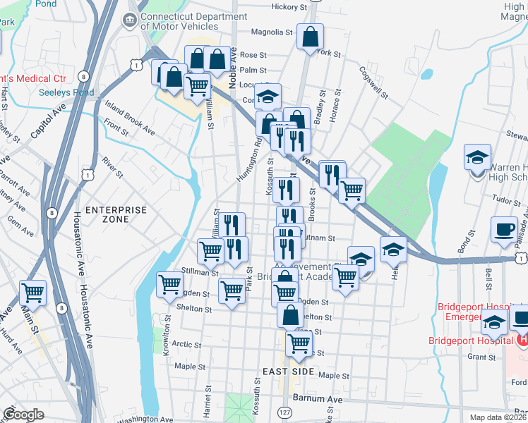 map of restaurants, bars, coffee shops, grocery stores, and more near 169 Spring Street in Bridgeport