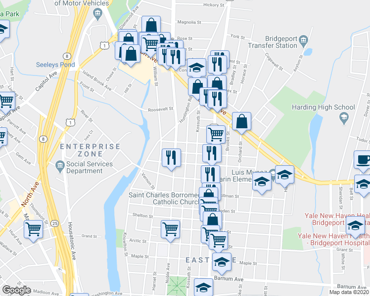 map of restaurants, bars, coffee shops, grocery stores, and more near in Bridgeport