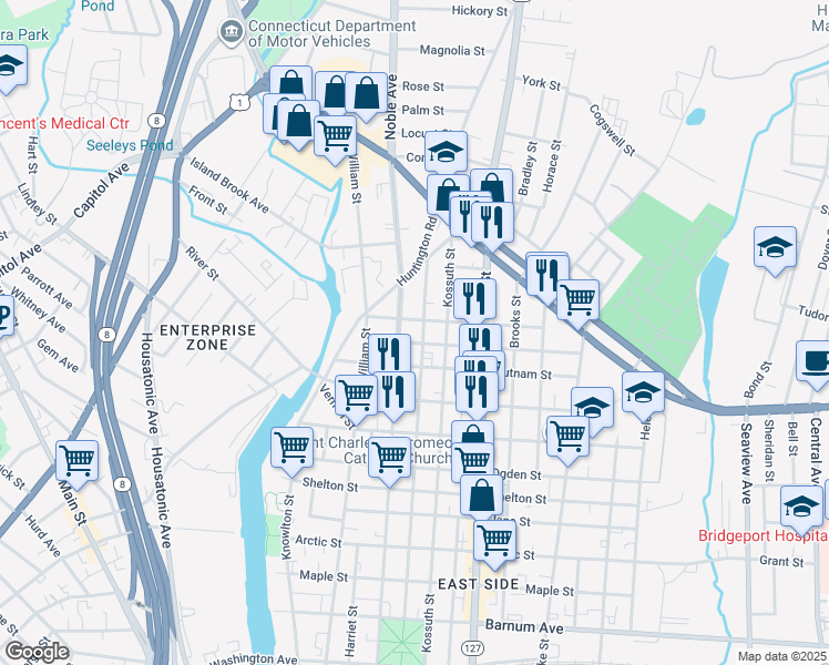 map of restaurants, bars, coffee shops, grocery stores, and more near in Bridgeport