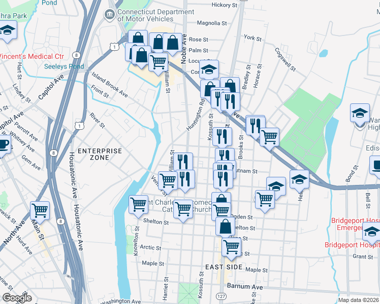 map of restaurants, bars, coffee shops, grocery stores, and more near in Bridgeport
