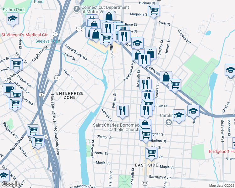 map of restaurants, bars, coffee shops, grocery stores, and more near 835 William Street in Bridgeport
