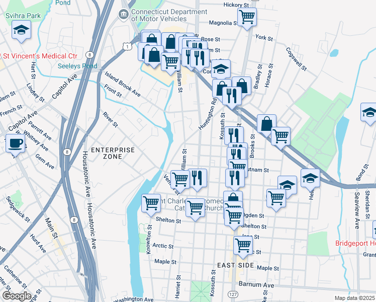 map of restaurants, bars, coffee shops, grocery stores, and more near 835 William Street in Bridgeport