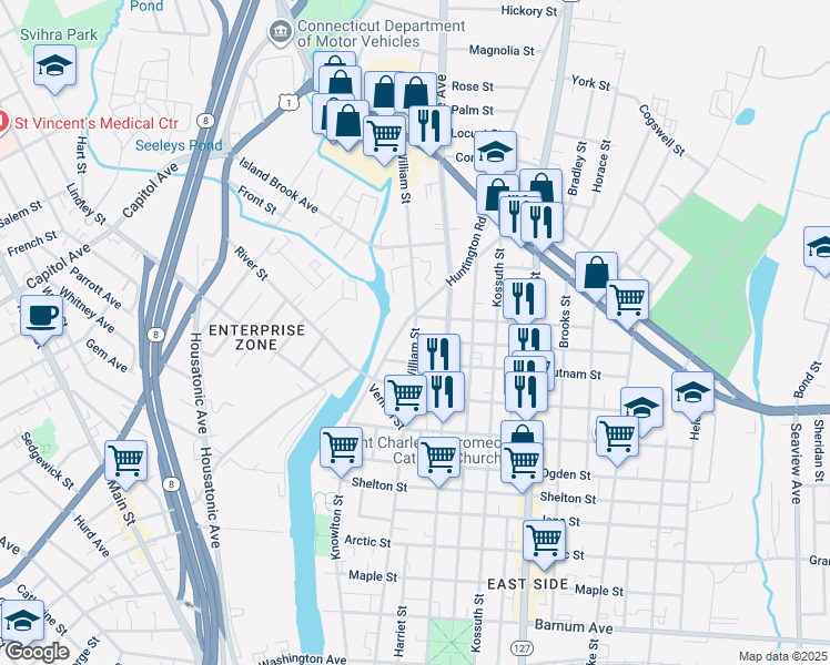 map of restaurants, bars, coffee shops, grocery stores, and more near 835 William Street in Bridgeport