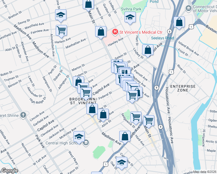 map of restaurants, bars, coffee shops, grocery stores, and more near 579 Capitol Avenue in Bridgeport