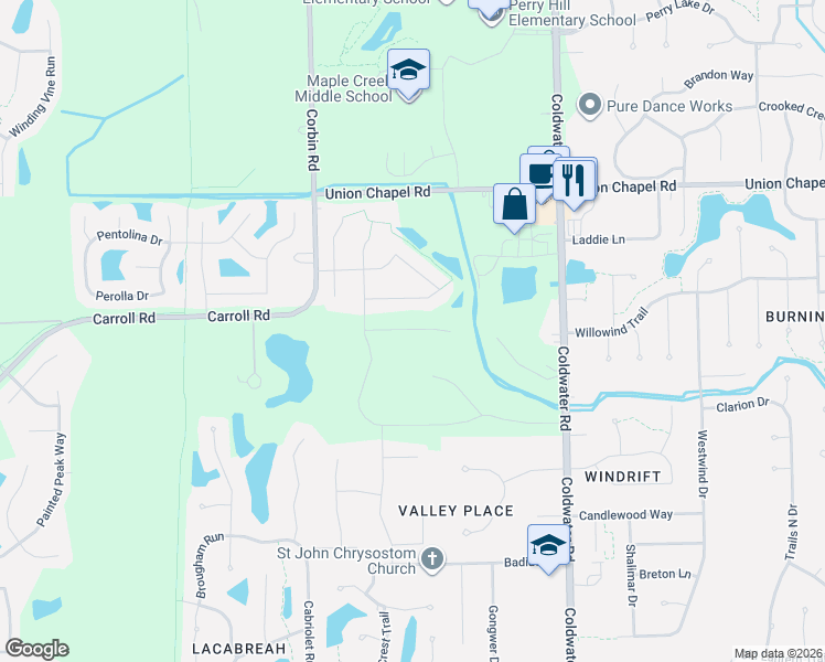 map of restaurants, bars, coffee shops, grocery stores, and more near 320 Rampart Drive in Fort Wayne