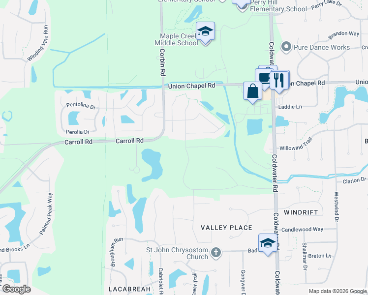 map of restaurants, bars, coffee shops, grocery stores, and more near 214 Rampart Drive in Fort Wayne