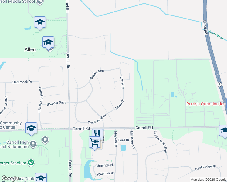 map of restaurants, bars, coffee shops, grocery stores, and more near 12316 Cliff View Court in Fort Wayne