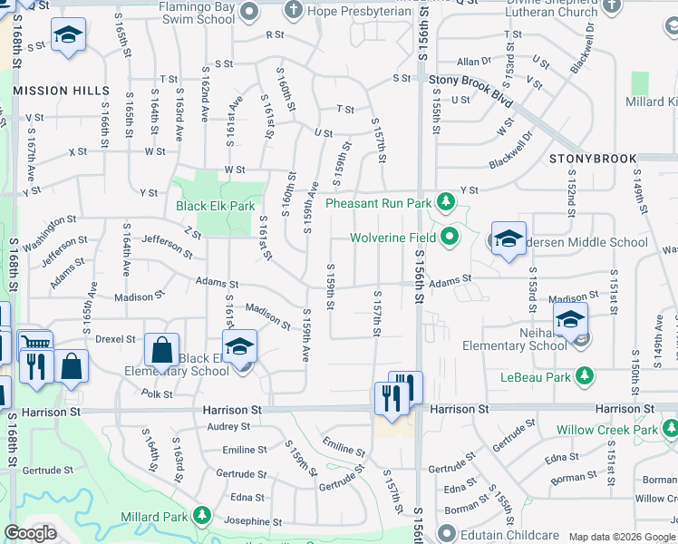 map of restaurants, bars, coffee shops, grocery stores, and more near 6207 South 159th Street in Omaha