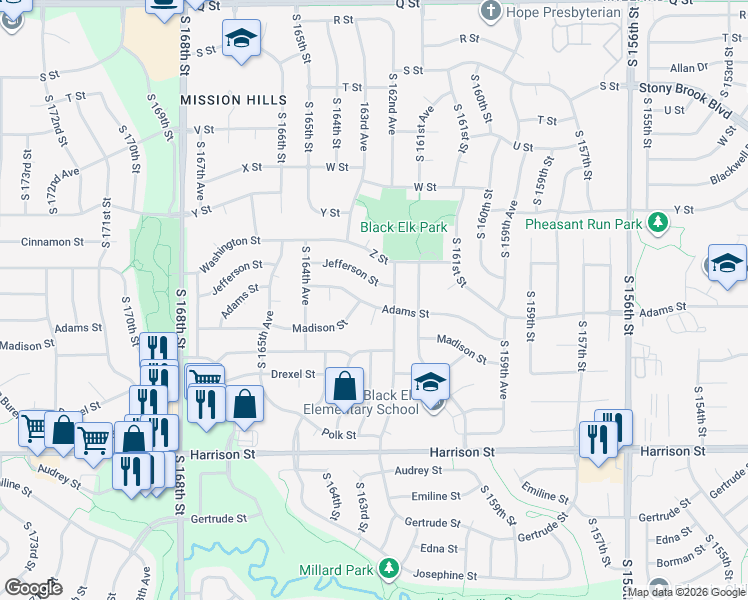 map of restaurants, bars, coffee shops, grocery stores, and more near 16271 Jefferson Street in Omaha