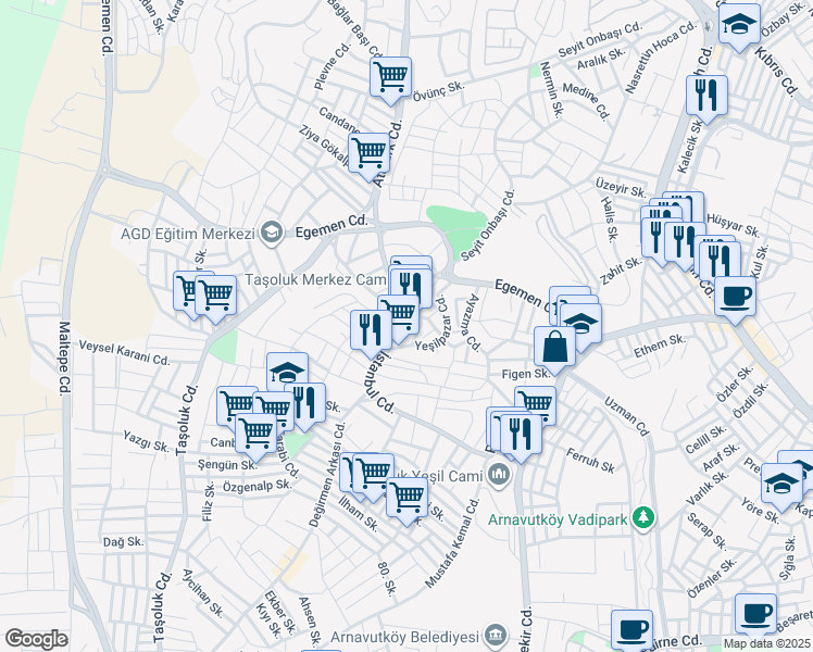 map of restaurants, bars, coffee shops, grocery stores, and more near İstanbul Caddesi in Arnavutköy