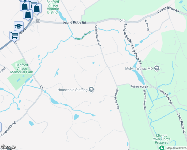 map of restaurants, bars, coffee shops, grocery stores, and more near 27 Quarry Lane in Bedford