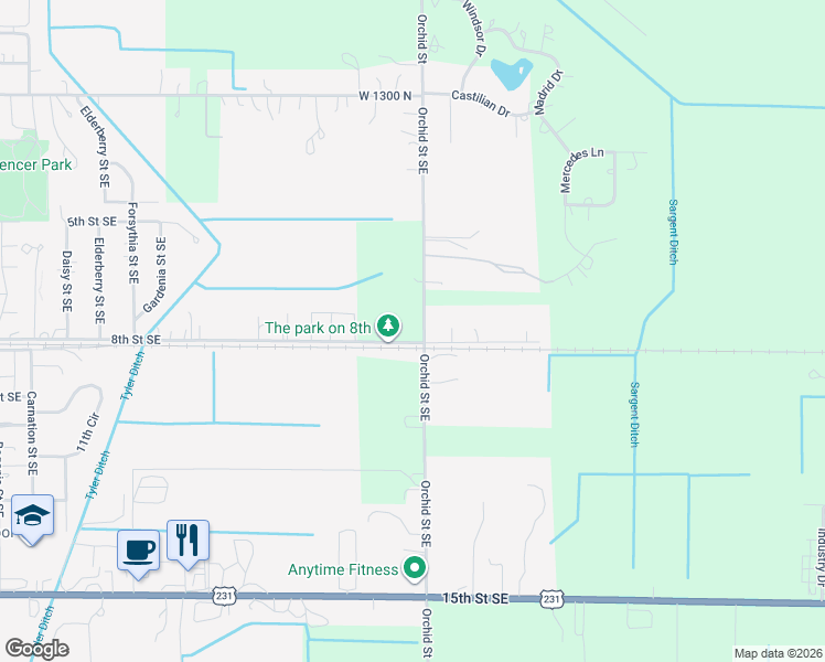 map of restaurants, bars, coffee shops, grocery stores, and more near 1424 8th Street Southeast in De Motte