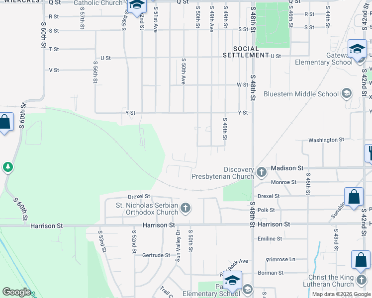map of restaurants, bars, coffee shops, grocery stores, and more near 6202 South 51st Circle in Omaha