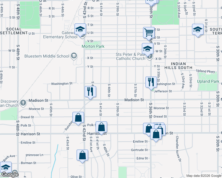 map of restaurants, bars, coffee shops, grocery stores, and more near 6209 South 40th Street in Omaha