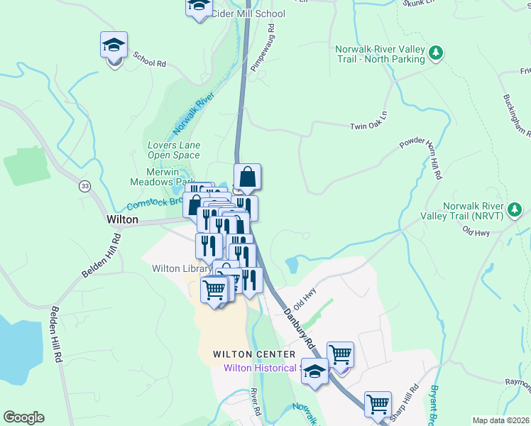 map of restaurants, bars, coffee shops, grocery stores, and more near 7 Whitewood Lane in Wilton