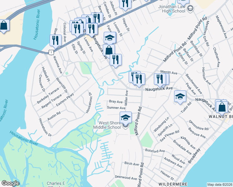 map of restaurants, bars, coffee shops, grocery stores, and more near 18 Hobson Avenue in Milford