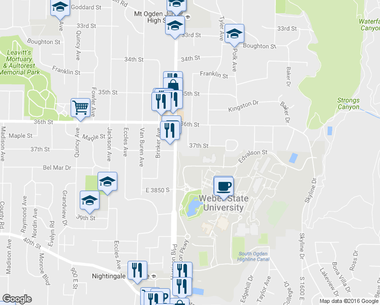 map of restaurants, bars, coffee shops, grocery stores, and more near 3673 Iowa Avenue in Ogden